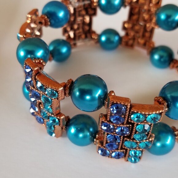 Hand Crafted Pearl/Rhinestone Bracelet & Drop Earrings Cerulean Blue-Royal Blue - Picture 5 of 11